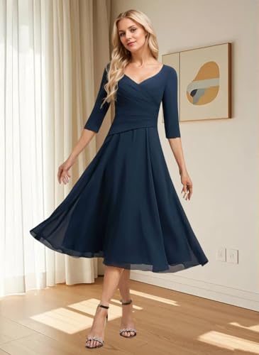 Tea Length Mother of The Bride Dresses for Wedding 3/4 Sleeve Chiffon Mother of The Groom Formal Wedding Dress2