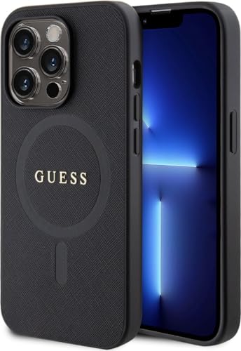 Coque iPhone 15 Pro Max Guess en simili-cuir noir Saffiano