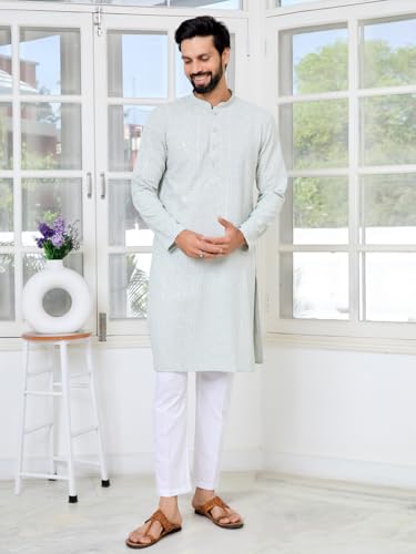 Image of See Designs Men's Full Sleeve Mandarin Collar Geometric Sequins Embroidered Thread Work Straight Long Kurta - Festive Collection