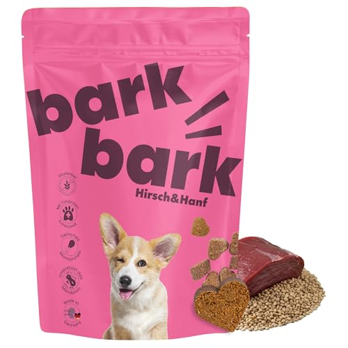 BarkBark Hirsch & Hanf - Premium Hundeleckerli - Monoprotein 75% Hirsch - Glutenfrei & Zuckerfrei - ideal für Allergiker Hunde - zur täglichen Ergänzung als Snack - natürlich Getreidefrei - 150g
