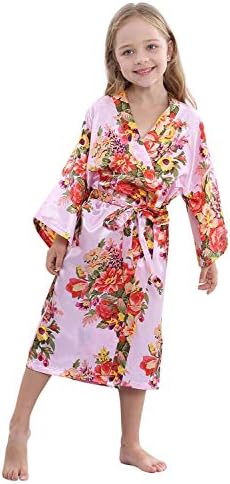 TIMSOPHIA Kids Satin Floral Kimono Robe-Flower Girl Bath Robe for Wedding Party Gift(Peacock Light Purple,10)