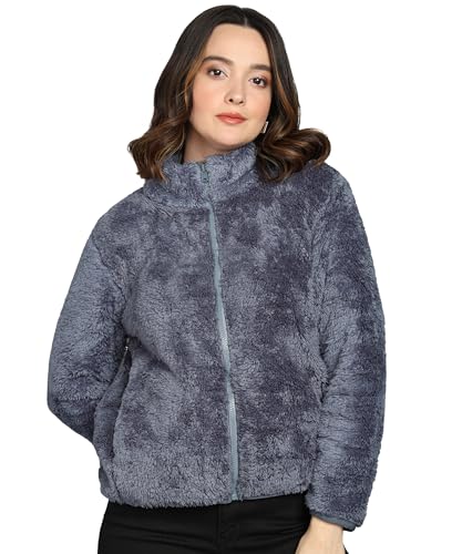 Image of Alan Jones Clothing Women's Fluffy Yarn Fleece Full-Zip Jacket | Soft Lightweight Warm Outerwear with Stand Collar & Piping at Hem & Cuffs