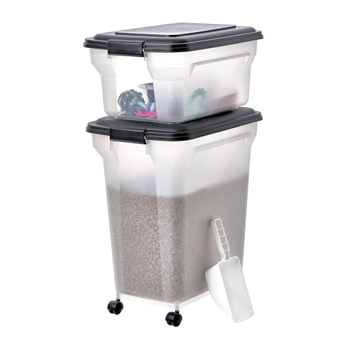 Iris Ohyama Hundefutter Aufbewahrung mit Rollen, 45L+20L, Schwarz, Luftdichte Futterbox, Trockenfutter, Futterbehälter, Für Hunde, Katzen, Tierfutterbehälter, Schaufel, BPA-frei, Futtertonne, ATS-C