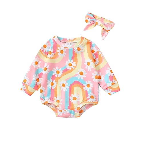 Image of AEEMCEM Newborn Baby Girl Clothes Boho Floral Rainbow Sweatshirt Romper Oversized Long Sleeve Bubble Onesie Headband Outfit (A-Colorful, 3-6 Months)