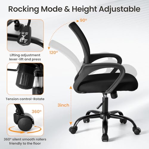 OLIXIS Office Desk Chair - Ergonomic Mid Back with Lumbar Support & Rocking Mode, Height Adjustable with Fixed Armrest, Storage Back for Computer, Gaming, Conference, Meeting, 360° Swivel, Black - Thumbnail 5
