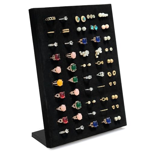 Homeanda Ring Display Tray - 50 Slot L-Shaped Velvet Jewelry Display for Earrings and Rings (Black)