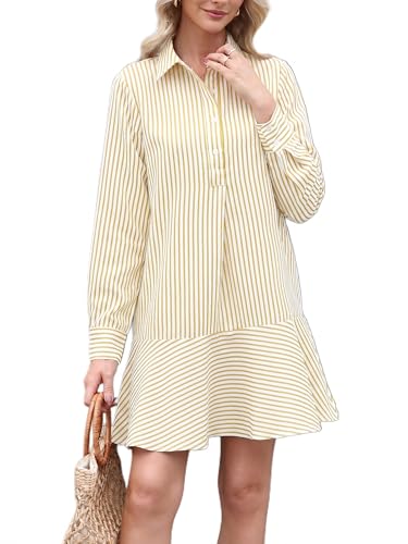 Image of EZAPINE Womens Striped Shirt Mini Dress Long Sleeve Collared Ruffle Hem Button Up Tunic Flowy Swing Dresses