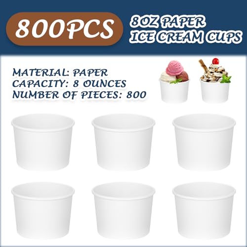 Image of Nuenen 800 Pcs 8 oz Summer Ice Cream Paper Cups Bulk Disposable Dessert Cups Solid Color Paper Dessert Bowls for Snack Sundae Spring Party Favors Ice Cream Bar Supplies (White)