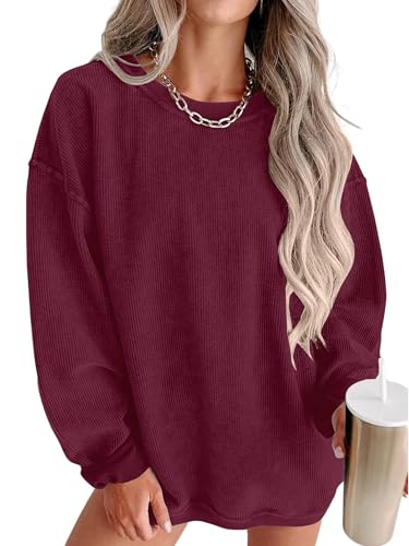 Caracilia Womens Oversized Sweatshirt Sweater Crewneck Long Sleeve Ribbed Corduroy Casual Pullover 2024 Fall Fashion Clothes Wine Red Small cover