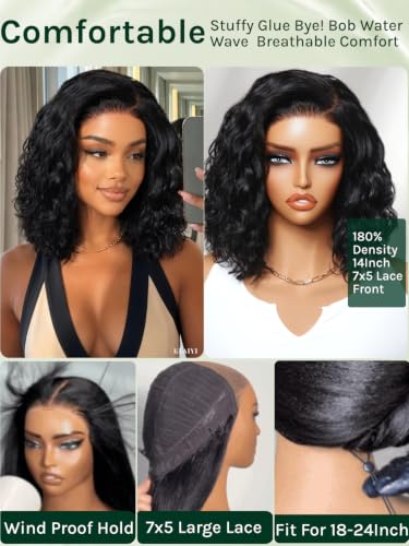 Image of KLAIYI Side Part Bob Water Wave Glueless 6x4 Lace Front Wigs Human Hair 14 inch