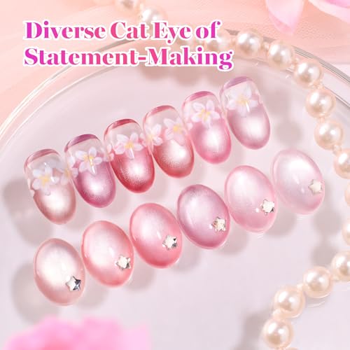 Image of Beetles Misty Blush Glow Pink Cat Eye Gel Nail Polish Set - 6 Colors 15ML Full Size Glitter Pink Spring Cat Eye Gel Polish Kit Magnetic Effect Soak Off UV Nail Art DIY Manicure Gift for Women
