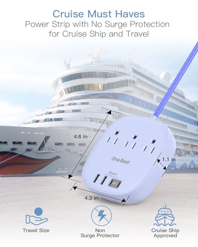 Image of Cruise Ship Travel Essentials, 22.5W /4.5A Flat Plug Power Strip, 6Ft Extension Cord, 3 Outlets 4 USB Ports (2 USB C) Cruise Approved Power Strip No Surge Protection, Desktop Charging Station, Purple