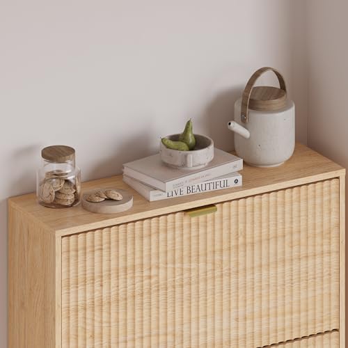 Image of BORNOON Entryway Shoe Cabinet with 3 Flip Drawers, Narrow Shoe Organizer Cabinet with Fluted Panel and Adjustable Shelves for Foyer, Hallway
