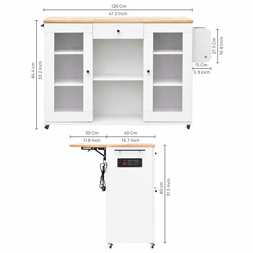 Image of ROCCO Walky Kitchen Island Storage Cabinet with Wheels, Solid Rubber Wood Top, Fluted Acrylic Doors, Built-in Power Sockets & LED Lights, Soft-Close Hinges & Side Organizer (White, Large & Extendable)