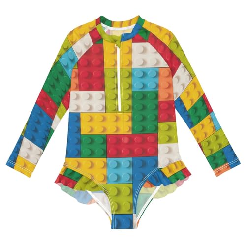 Colorful Building Blocks Girls Rash Guard Swimsuits Long Sleeve One Pieces Bathing Suit UPF 50+ Zipper Swimwear