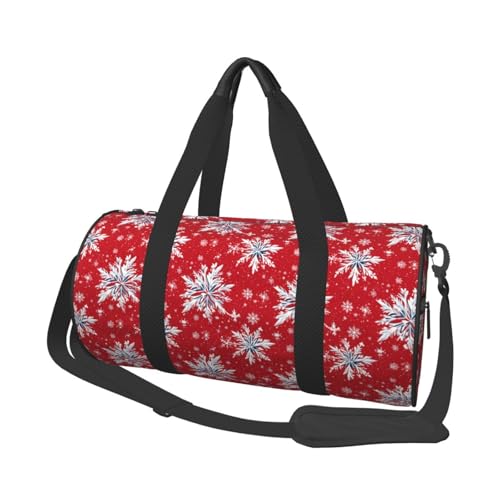 Red Snowflake Print Travel Duffle Bag, Sports Gym Bags for Women Men, Carry On Weekender Overnight Personal Item Travel Bags