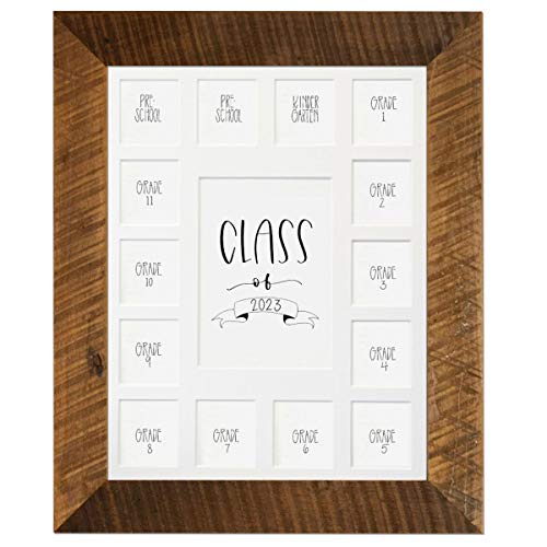 Image of Rustic Red Door Co. School Years Reclaimed Wood Picture Frame with Mat - 11x14 Wooden Framed 15 Photo Collage Mat Pre-School & Kindergarten to 12th Grade High School Graduation (Class of 2023, White)