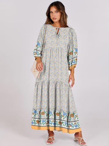 Image of ANRABESS Womens Boho Floral 3 /4 Puff Sleeve Maxi Dress | Tiered Flowy Loose Fit, Comfy Soft Rayon Fabric, Wedding Guest Church Beach, Modest Elegant, Spring Summer Fall Outfits