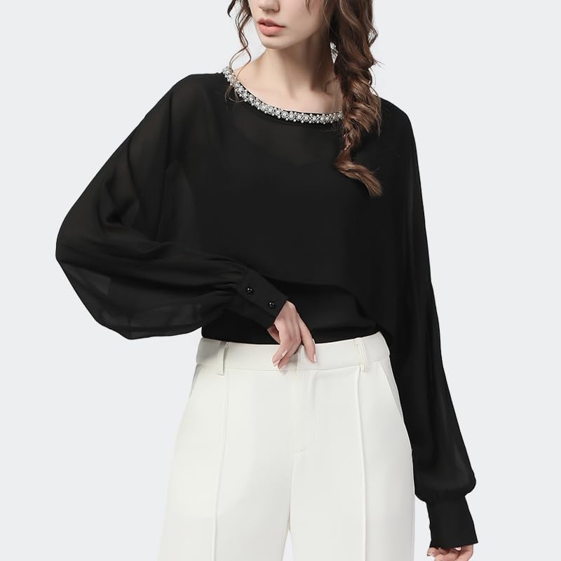 Blusa de Gasa negra con Cuello Redondo y Cuentas para Mujer, Blusa Holgada de Manga Larga de Talla grande, Tops Informales de Oficina para Mujer de otoño (Negro XS)