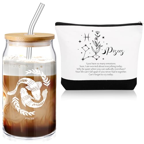 Sliner Set of 2 16 oz Celestial Zodiac Signs Birthday Gift for Women Glass Cup with Lids Straws Horoscope Zodiac Flower Sign Make up Bag 12 Constellations for Women Gifts(Pisces)