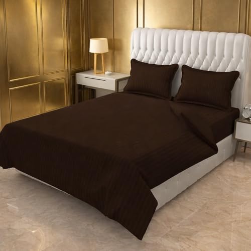 Image of Prozone Premium Satin Stripe Double Bedsheet with 2 Pillow Covers | Soft & Luxury Hotel Style Bedding for Double Bed (Brown)