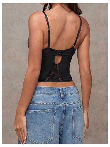 SHENHE Women's Mesh Lace Bustier Corset Top Deep V Neck Spaghetti Strap Fitted Crop Cami Tank2