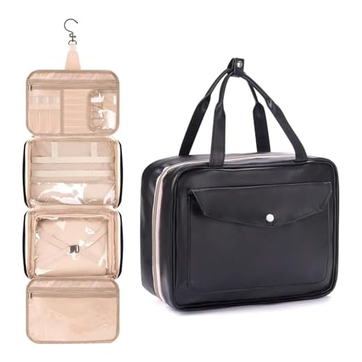 SITTELLA Pu Leather Waterproof Foldable Toiletry Kit Bag with Hanging Hook for Family Trip Travel Storage Vanity Make Up Organizer Bag for Women Full Size for Toiletries (Black Color, 10 Cm)