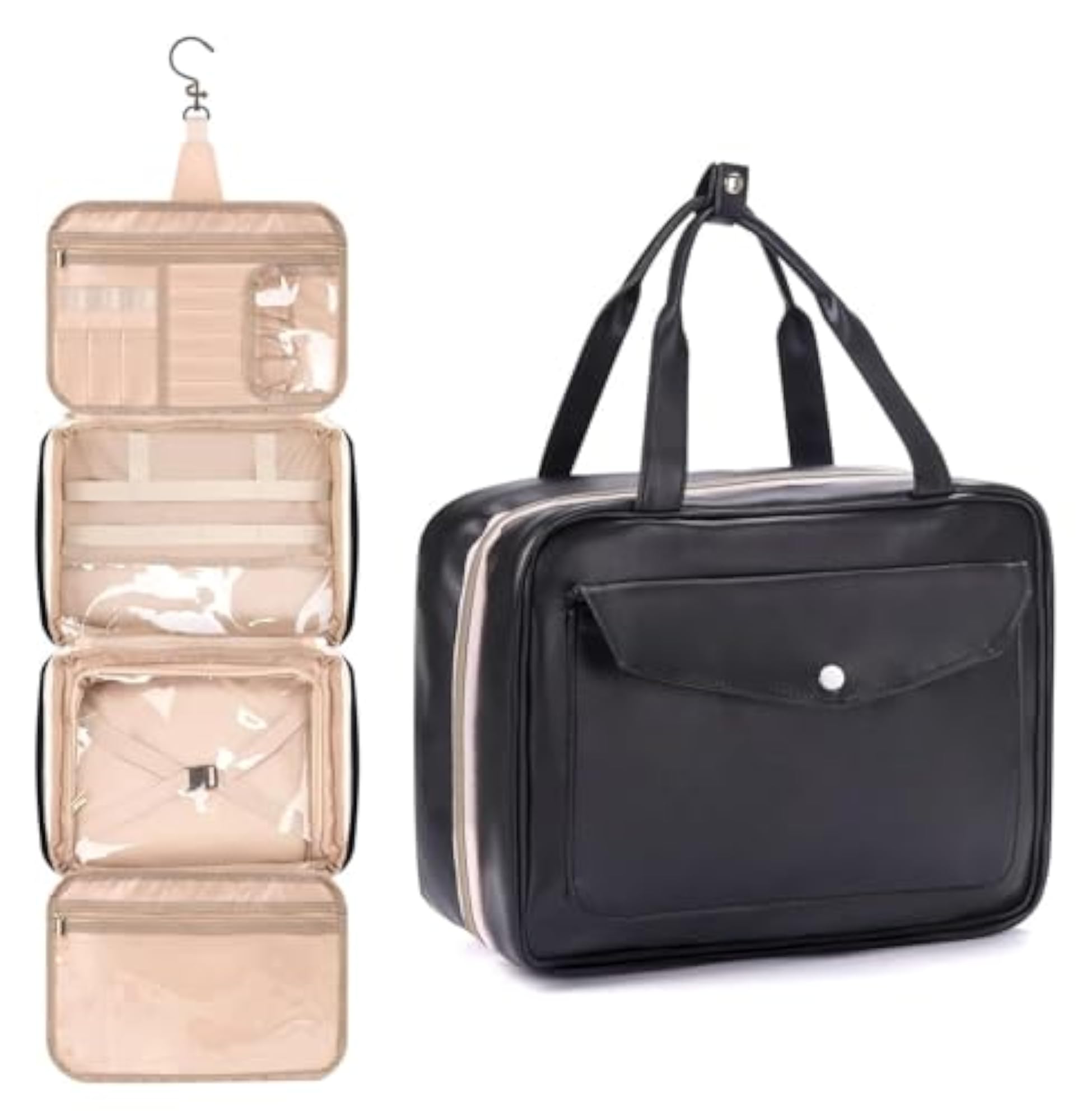 Waterproof PU Leather Toiletry Kit Bag with Hanging Hook