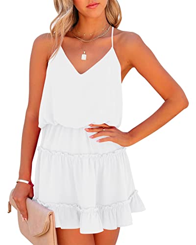 Newffr Womens V Neck Summer Dress Sleeveless Mini Dress Ruffle Dress Spaghetti Strap Racerback Sun Flowy Dress White #TOP18
