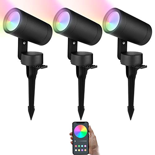 MULANDI LED Landscape Spotlight Lights Outdoor, 10W TUYA App Control 12V W+RGB Color Low Voltage Yard Flood Lights with Transformer, Ground Stake Lawn Light Pathway Lights for Garden Patio (3 Pack)
