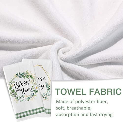 Seliem Spring Eucalyptus Leaves Wreath Kitchen Dish Towel Set Of 2, Bless This Home Choose Happy Hand Towel Drying Baking Cooking Cloth, Green Buffalo Plaid Summer Seasonal Kitchen Decor 18X26 Inches #TOP2
