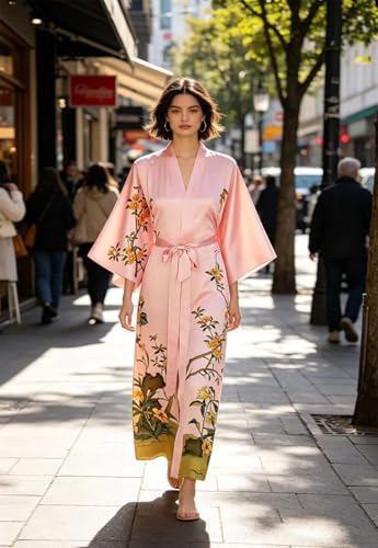 Image of Women's Classic 100% Silk Kimono Robe, Bathrobe-Printed Pattern