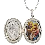 Holy Family Silver Tone Locket Necklace for Women, Engraved Floral Design Oval Pendant Photo Charm w