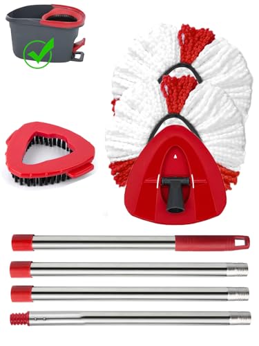 Juego de fregona giratoria de repuesto compatible con Vileda Turbo Mopa, 2 microfibras, 4 secciones de acero inoxidable con mango de 76,2 a 147,3 cm, 1 funda para la cabeza y 1 juego de
