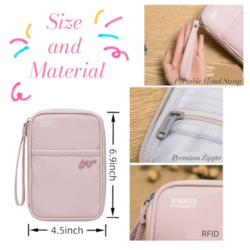 P-H1 Travel Family Passport Holder RFID Blocking Passport Waterproof Wallets for Men Women Travel Document Organizer Cards Case, Lightweight Portable Passport Cover with Zipper Pocket (Pink)3