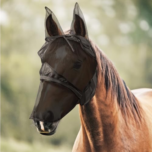 Navaris Fliegenmaske für Pferde - Pferdefliegenmaske - Atmungsaktive Fliegenmaske - Anti-Mückenmaske - Anti-Fliegen-Pferdemaske - Polyester - Schwarz - Größe M