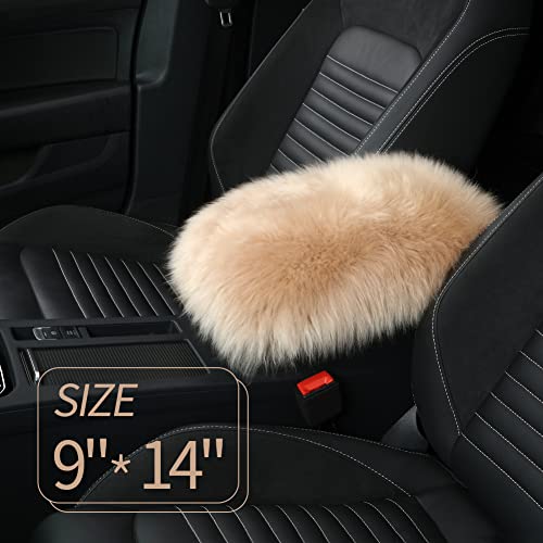 Image of IRIWOOL Sheepskin Armrest Cover Auto Center Armrest Cover Car Soft Console Pad, Fluffy Wool Auto Center Console Cover for Most Car Arm Rest Decoration Protector 9 x 14 Inch (Long Wool, Khaki)
