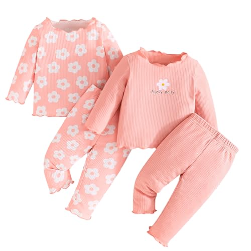 LUVCES - LUVCES Bébé Fille 4Pièces Ensemble Côtelé Bord à Volants Manches Longues Motif Floral/Couleur Unie T-shirt Haut et Pantalon Vêtement 4Pcs Imprimé floral rose 2-3 Ans