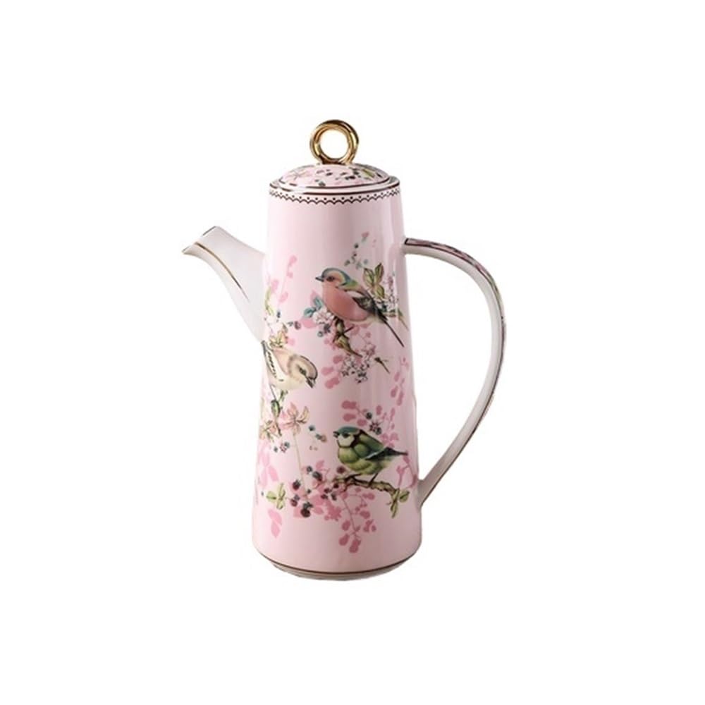 Dzban Ceramiczny czajniczek z pokrywką dzbanek na wodę kuchnia masło butelka kwiat i ptak gotowe prezenty ślubne imprezę 650 ml(Pink)