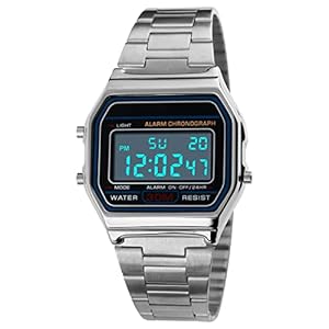 Nicoone Reloj de Pulsera Digital Vintage para Hombre y Mujer, Reloj De Negocios De Lujo, 30M Resistente Al Agua, Impermeable Reloj Deportivo De Acero Inoxidable(Color : Silver)