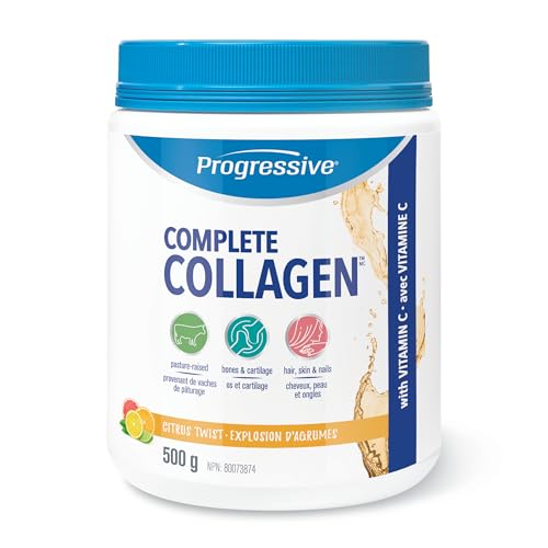 Progressive Complete Collagen Citrus Twist, Canadian-Made, for Healthier Hair, Skin, Nails and Joints. Grass-Fed Non-GMO with Antioxidants, Hydrolyzed with Vitamin C for Best Absorption, 500 g