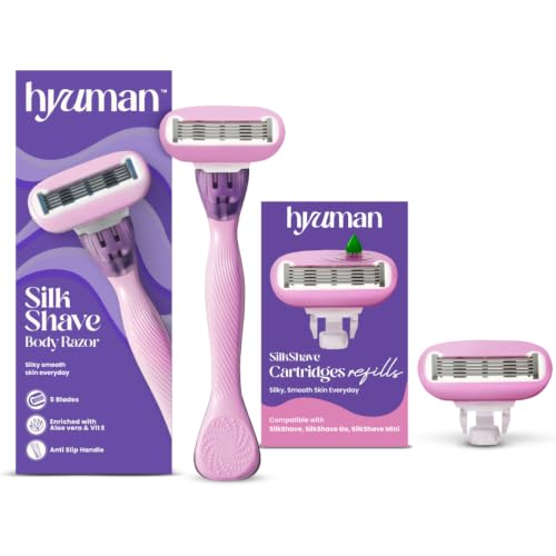 Image of Hyuman SilkShave Body Razor Combo 1 Cartridge Blades /Refill, Aloe Vera + Vit E Lubricated Catridge, Easy hair Removal | Women