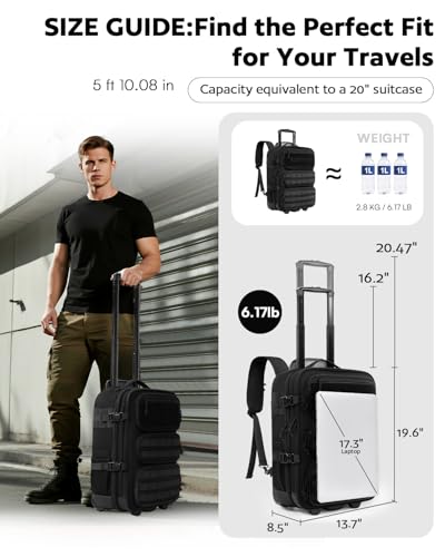 Rolling Tactical Laptop Backpack, 17 Inch Wheeled Military Computer Backpack for Men and Women, Roller Carry on Luggage for Work Travel, Overnight Molle Outdoor Hiking Bag with Wheels, Black3
