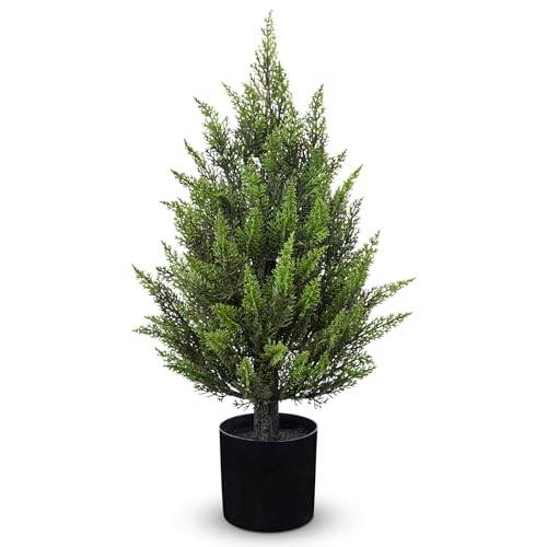 Briful 17.7'' Artificial Cedar Topiary Tree in Black Pot ā Lifelike Evergreen Faux Plant for Outdoor Indoor Home Decor, UV Resistant, Potted Fake Cypress Shrub for Farmhouse Living Room DĆ©cor