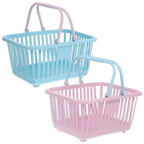Housoutil Mini Toy Shopping Basket, 2PCS Kids Grocery Basket with Handles, Kitchen Pretend Play Small Storage Organiser Toy for Kids Toddlers Party Favors （blue and Pink）