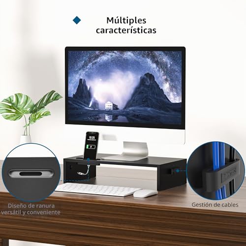 Miniatura 3 de Bontec Elevador Monitor De Madera Para Monitor, Soporte Para Monitor Escritorio De 1 Nivel Con Gestión De Cables Para Ordenador, Portátil, Imac, Pc, Negro W420 X D235 X H104mm
