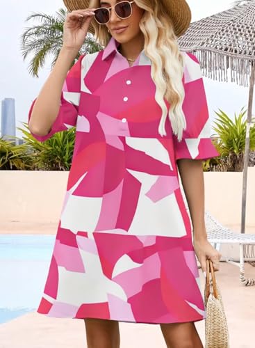 Image of Womens Summer Shirt Mini Beach Dresses | Flowy Shift Dress, Button V Neck, Polo Collar, Ruffle Short Sleeve, Floral Boho Style, Casual Vacation Outfits with Pockets