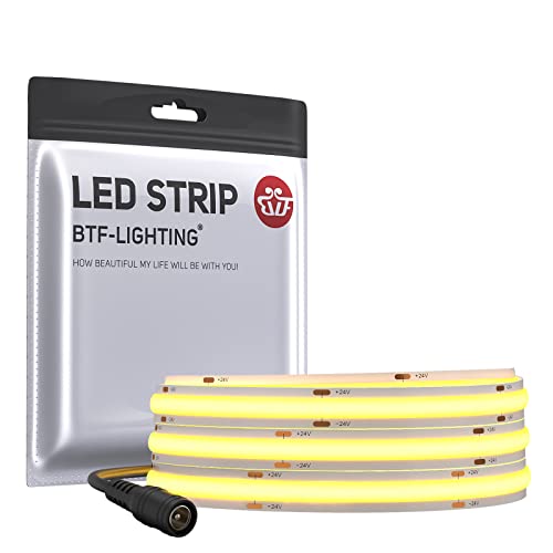 BTF-LIGHTING COB LED Strip Light 1M 528LEDs FCOB Dimmable Light Uniformity Flexible High Density Warm White 24V 10mm Width LED Tape for Bedroom Kitchen Home Interior Decoration(Only LED Strip)