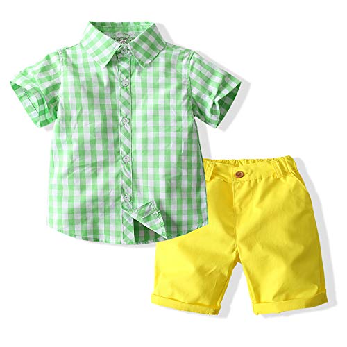 Toddler Baby Boy Shorts Sets Hawaiian Outfit,Infant Kid Leave Floral Short Sleeve Shirt Top+Shorts Suits (Green Plaid, 5-6 X)