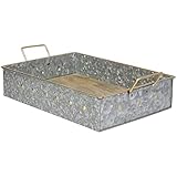 MyGift Handcrafted Silver Galvanized Metal 14 Inch Handled Serving Tray with Solid Mango Wood Base and Brass Rivets, Decorative Farmhouse Tray Home Decor - Handmade in India